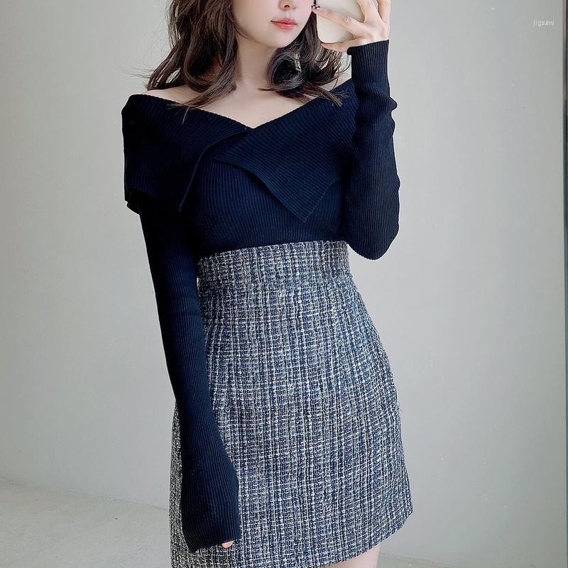 

Women's Sweaters Japanese Turn-down Collar Fall Sweater Women Solid Fashion Designed Chic Knitted Pullovers Elegant Autumn Slim Tops Femme, Black