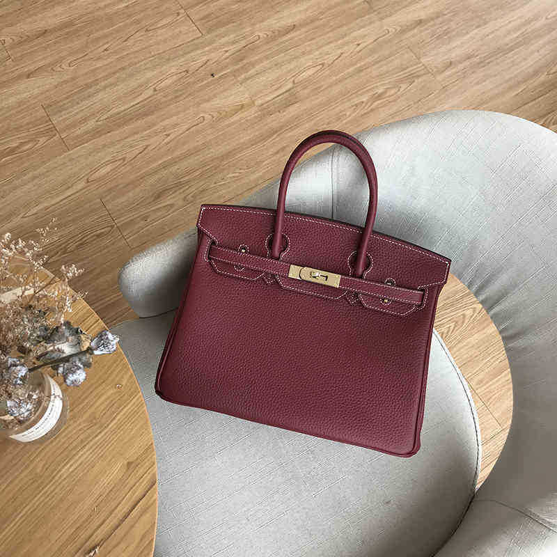 

Bags Herme Birkins High Version Layer Cowhide Litchi Pattern Platinum Leather Retro Style Temperament Women's Versatile Handbag Fashion 65FS, No bag