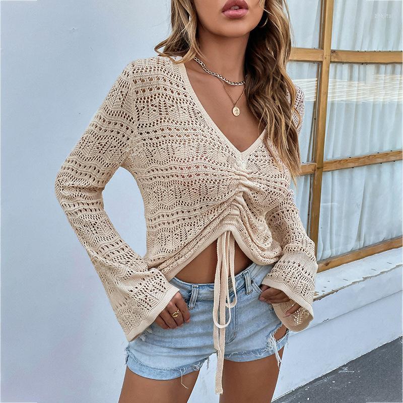 

Women' Sweaters Women' Early Autumn Women Knitted Top Fashion V-neck Drawstring Hollow Out Sweater Female Casual Flared Sleeve, Green