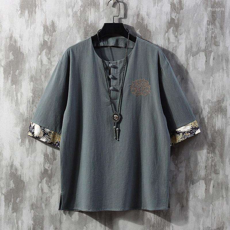 

Ethnic Clothing Summer Men Cotton Linen Blouse Short Sleeve T Shirt Chinese Traditional Clothes Male Hanfu Tang Suit Streetwear Tees Tops