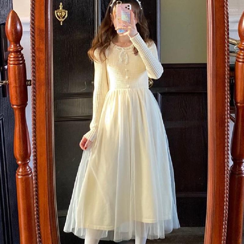 

Casual Dresses Spring Lace Knitted One Piece Dress Korean Fashion Bow Office Elegant Sweater Female 2022 Women Party Fairy Kawaii, Apricot