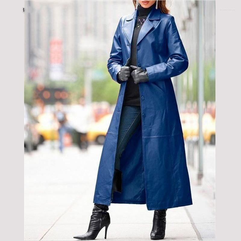 

Women' Leather Autumn Button Solid Color Steampunk Biker Jacket Gothic Lapel 2022 Women Plus Size Casual Loose Long Trench Coats, Black
