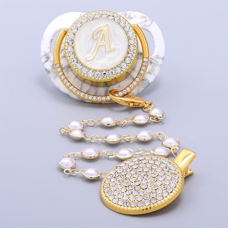 

Pacifiers Pacifiers# Personalised Pacifier Beads Bling Gold Holder BPA Free Silicone Nipple 24 Letter Name Born Dummy Soother