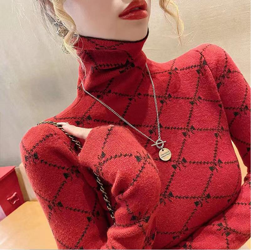 

Women's Sweaters Designer Korean Fashion Printed Turtleneck Long Sleeve T Shirt for Casual Feminine Clothes, 06