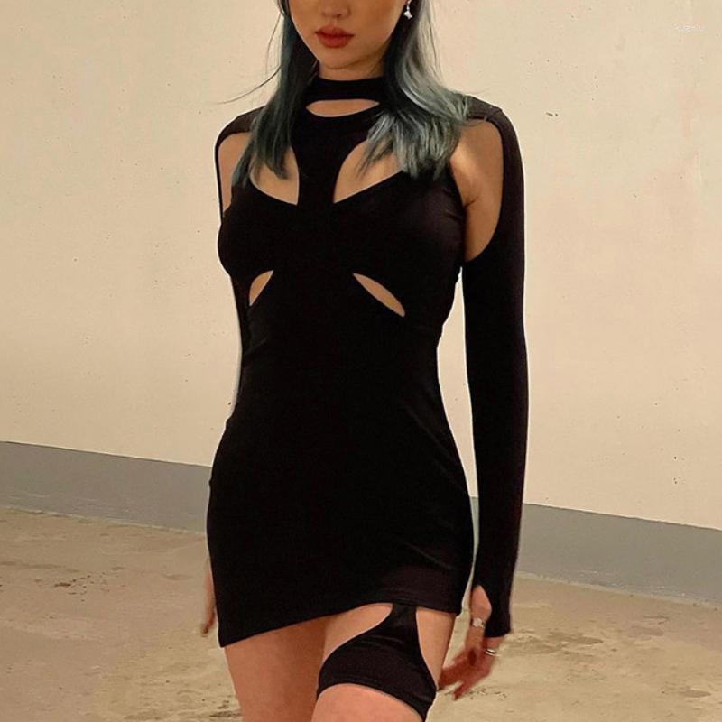 

Casual Dresses Goth Cyber Grunge Women Mini Dark Punk Y2k Bodycon Long Sleeve Summer Dress Black Sexy Hollow Out Clubwear