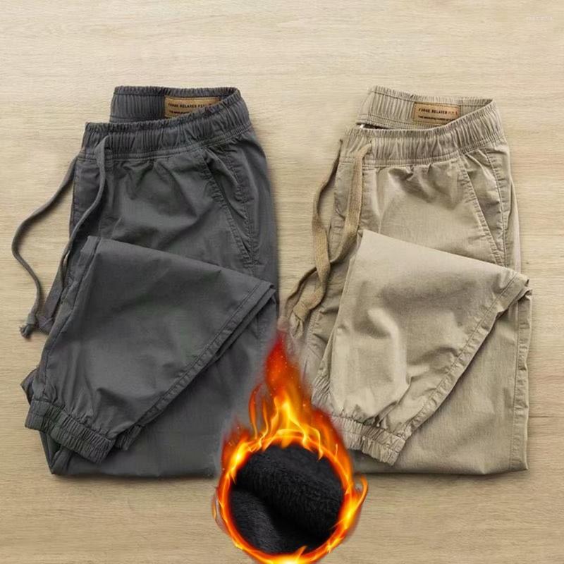 

Men's Pants Men Cargo Drawstring Coldproof Autumn Winter Plush Lining Ankle Tied Warm Sports For Jogging Male Clothing, Khaki