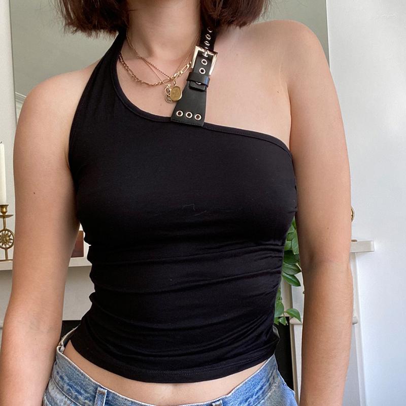 

Women' Tanks Women Sexy Bodycon Tank Tops Black Solid Color Halter Neck Cropped Vest With Decorative Leather Belt Party Club Summer