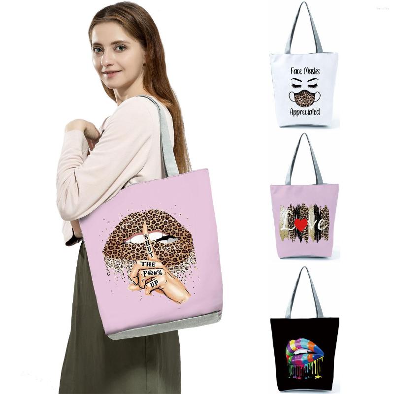 

Evening Bags Cartoon Lips Fashion Printed Handbags Eco Friendly High Capacity Practical Outdoor Shopping Bag Portable Storage Foldable Tote, Hl4132 lips bag