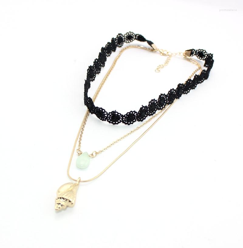

Choker 2022 Black Lace Multilayer Necklace Short Snake Chain Small Conch Drops Stone Chokers
