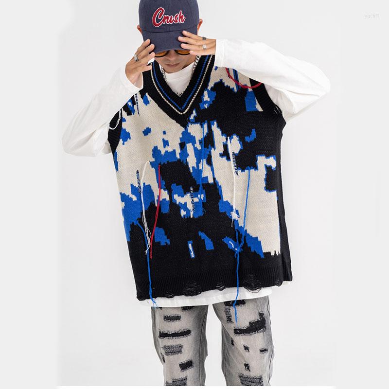 

Men's Vests Vintage Contrast Color Men's Sweater Vest Streetwear Jacquard Tassel Hip Hop Harajuku Casual Unisex Male, Black