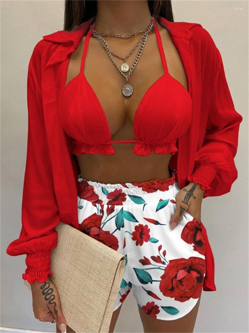 

Women' Tracksuits Women 3Pieces Outfits Boho Holiday Summer Halter Tie Up Bra Tops High Waist Shorts Long Sleeve Cover-Up Shirts Ladies