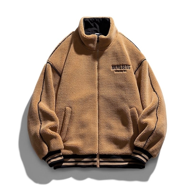

Mens Jackets Winter Warm Faux Lamb Fur Coat Fleece Varsity Baseball Embroidery Korean Trend Oversized 220930, Black