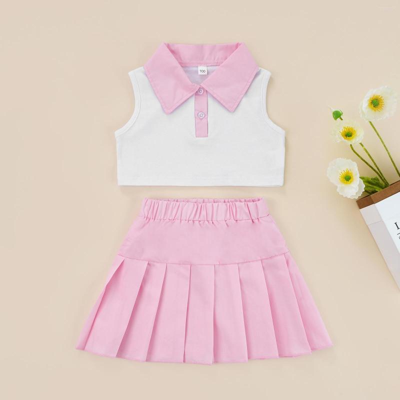 

Clothing Sets CitgeeSummer Kids Girls Outfit Patchwork Lapel Buttons Sleeveless Tops Pleated Skirt Set Pink Clothes 2-7Years, Picture shown