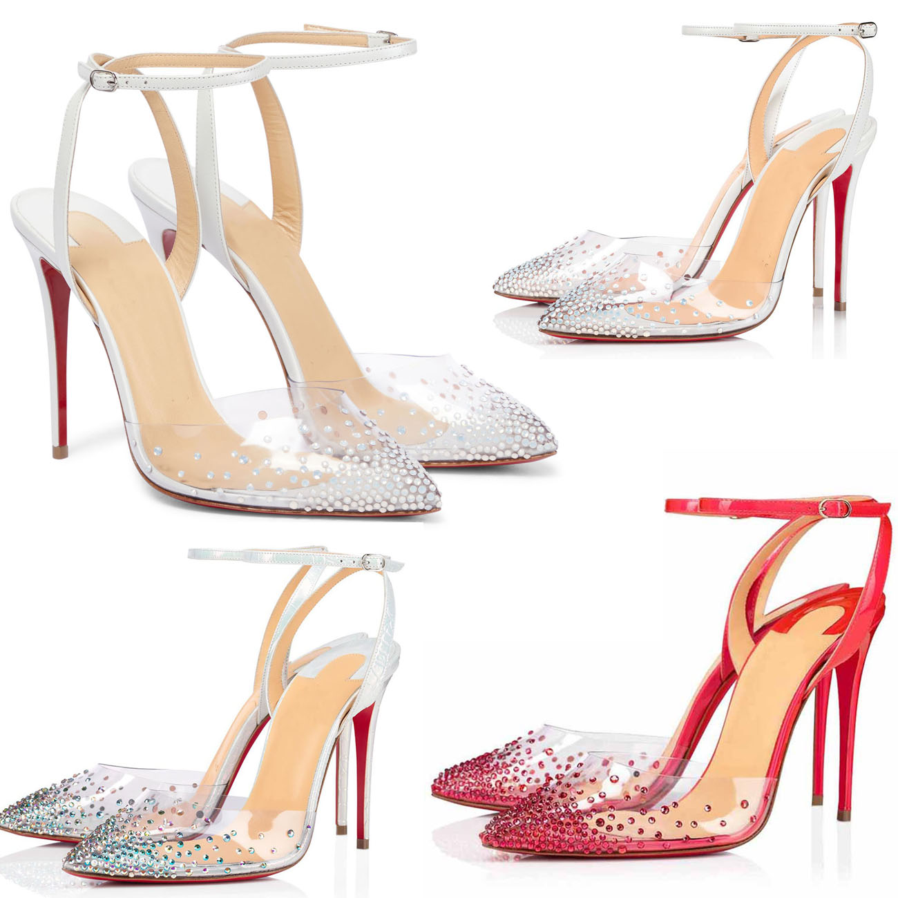 

Women high heel dress shoe wedding party pumps PVC Sandals Reds sole shoes Follies Strass 100mm pointy toe rhinestone sandal ankle strap Spike king with box, 13