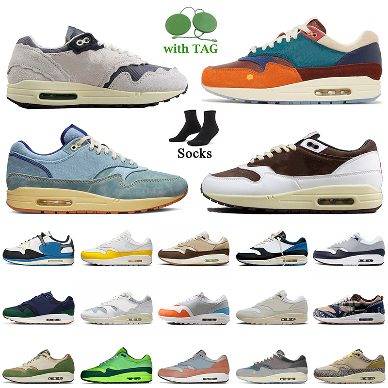 

With Socks Airsmx Max 1 OG Running Shoes For Women Mens AMX 1s Patta White Black Grey Crepe Hemp Reverse Mocha Dirty Denim Obsidian 87 Canvas Trainers Runner Sneakers, C47 white red 36-45