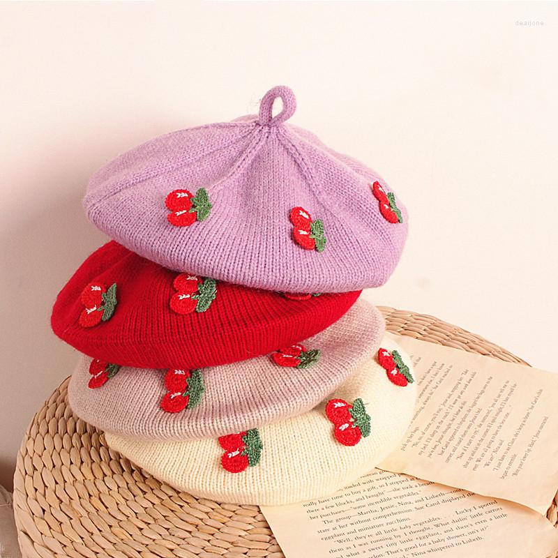 

Hats Japan Style Children Girls Beret Hat Cap Winter Warm Little Cherry Kids Woolen Crochet Knit Painter 2-6 Years Old, Red