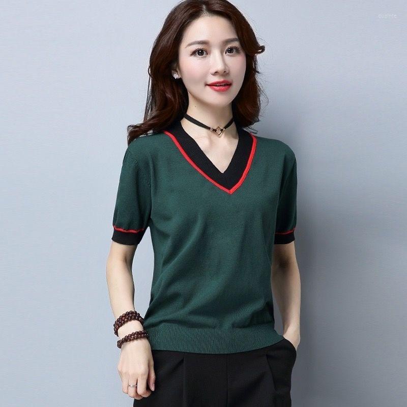 

Women's Sweaters Large Size Stripe Knitted Short Sleeve V-Neck Tops Women For Summer Breathable Contrast Color Knitwear High Elasticity, White grey collar