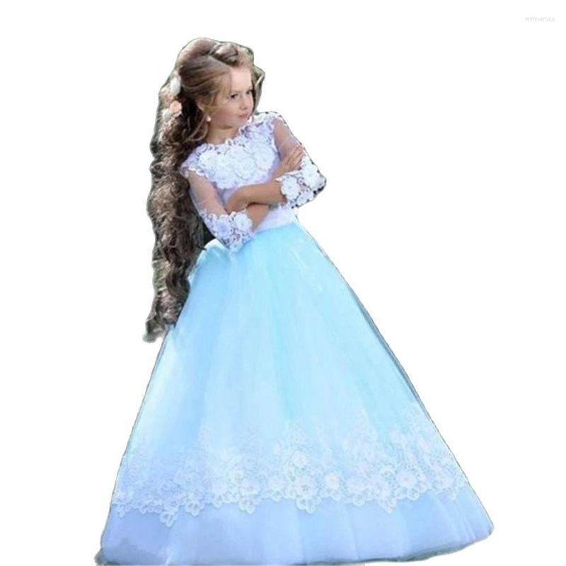 

Girl Dresses Lovely Sky Blue White Lace Formal Party For Wedding Guest High Jewel Corsst Back Flower Dress With Sleeves, Black