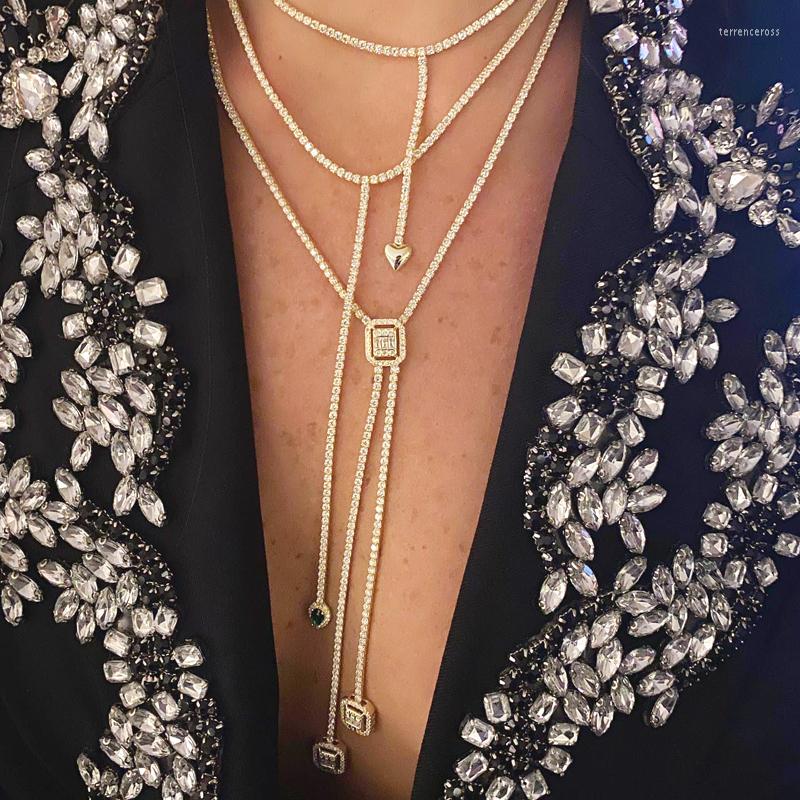 

Choker Double CZ Tear Drop Stone Heart Pendant Necklace Tennis Chain Gold ColorLayer Long Y Lariat Sexy Women