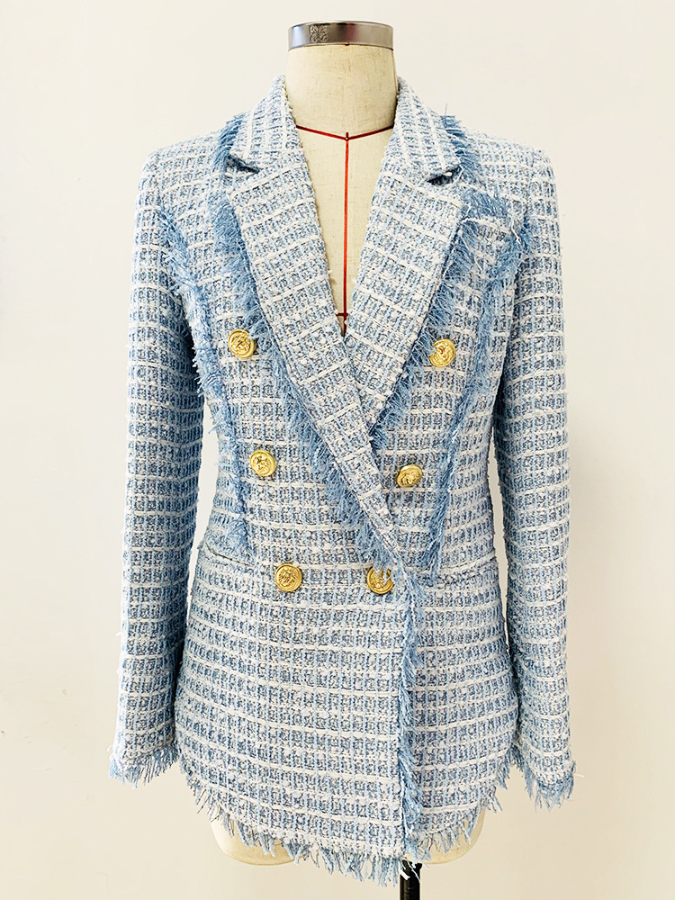 

High-quality tweed fringing double-breasted sky blue blazer, 2332