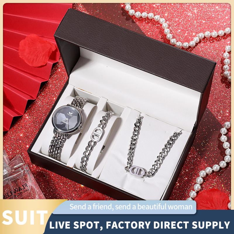 

Wristwatches 3Pcs/Set Christmas Day's Gift Set Women IP Gold Plated Non-fading Quartz Watches Stainless Steel Necklace And Bracelet, Rose gold band