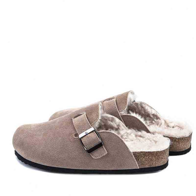 

Slippers Slipper Clogs Buckle Slides Footwear Fashion Winter Fur Leather Mule Long Plush Warm Indoor Soft Cork For Women288E968, Gray