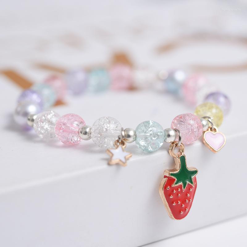 

Strand Pink Crystal Beaded Female Small Strawberry Color Cartoon Bracelet Women Student Friend Jewelry Gift Glass
