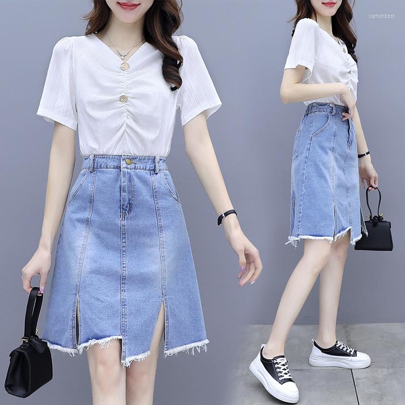 

Work Dresses Women Two Piece Set Summer 2022 Sweet V Neck White Short Sleeve Shirt Hight Waist A Line Knee Leght Denim Skirt Suit, Picture color