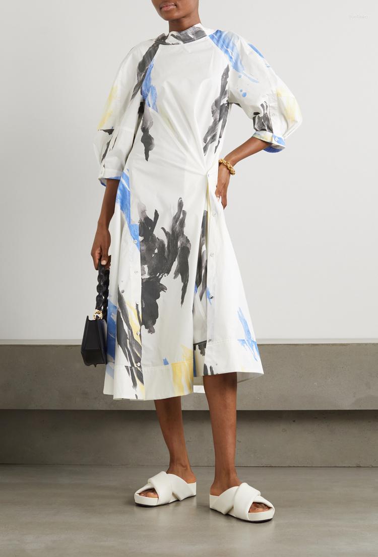

Casual Dresses Women Graffiti Print Dress Three Quarter Sleeve O-Neck Simple Summer 2022 Female Mid-length