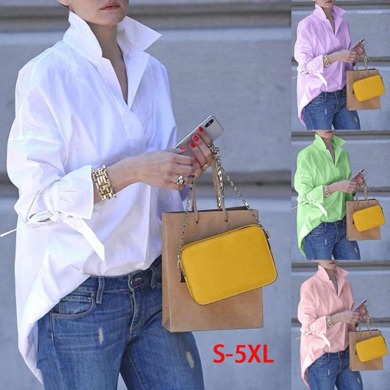 

Women' Blouses 2022 Fashion Women Plain Print Blouse Long Flare Sleeve Tops Casual Turn-down Collar Shirt Plus Size, Green
