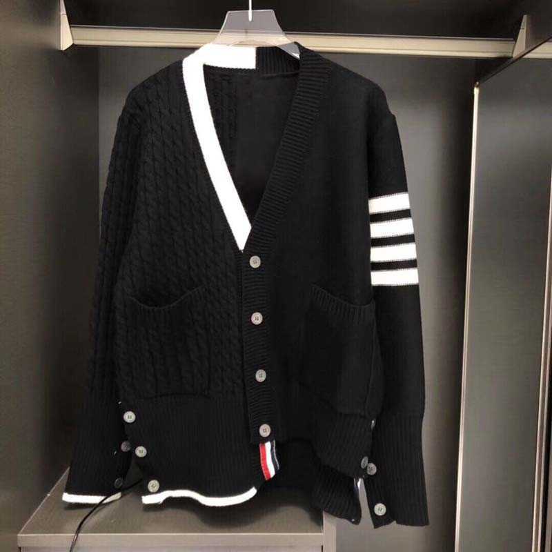

Men's Sweaters New Tb Thom Man Cardigan Coat Wool V-neck Classes Stripes Sweater Concise Style Sweaters Women's Loose-fitting Clothes, Black