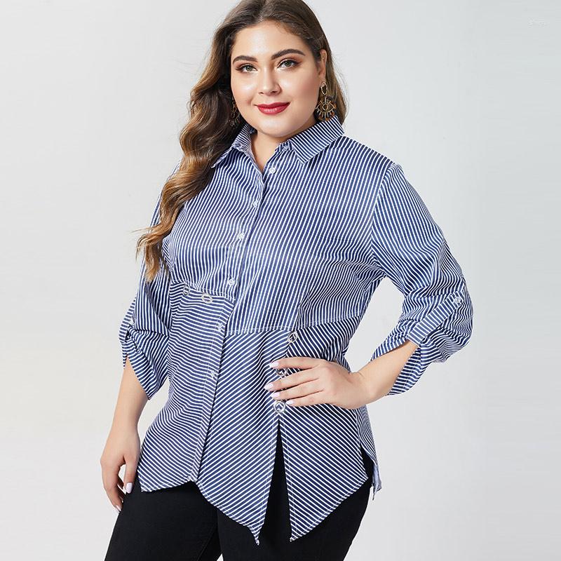

Women's Blouses 2022 Autumn Womens Plus Size Long Sleeve Irregularblouses Fashion Ladies Vintage Elegant Mom Stripe Tops, Blue