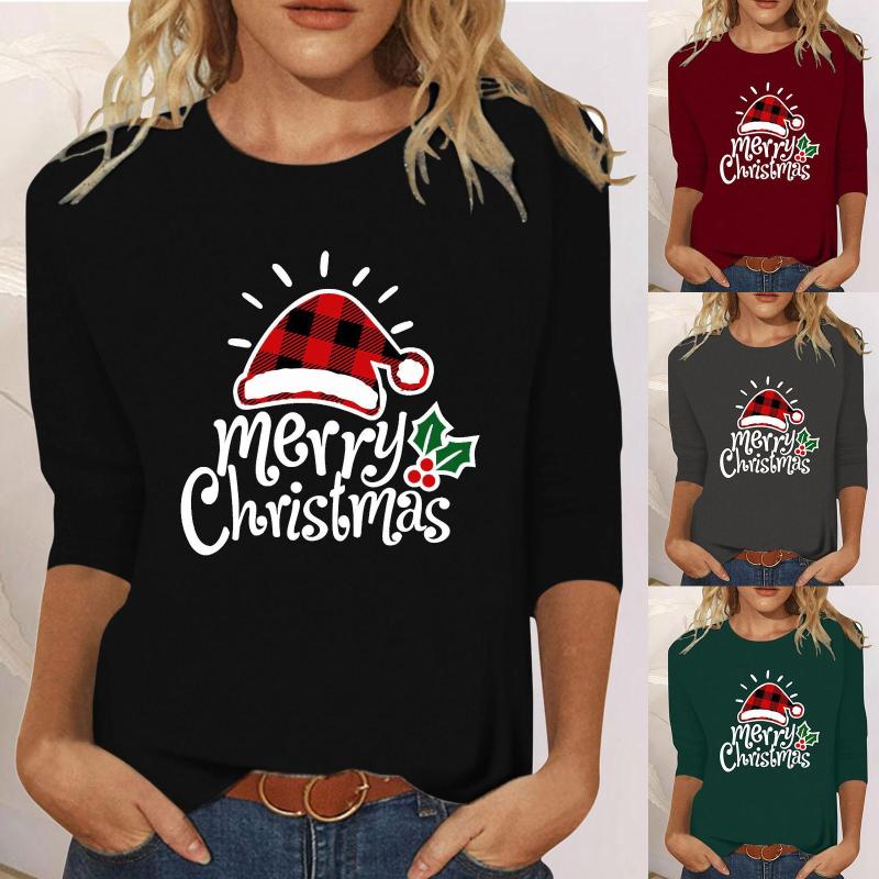 

Women's T Shirts Womens Christmas Casual Fashion Hat Printing Crew Neck Three Quarter Sleeve Shirt Turtle Long Women, Black