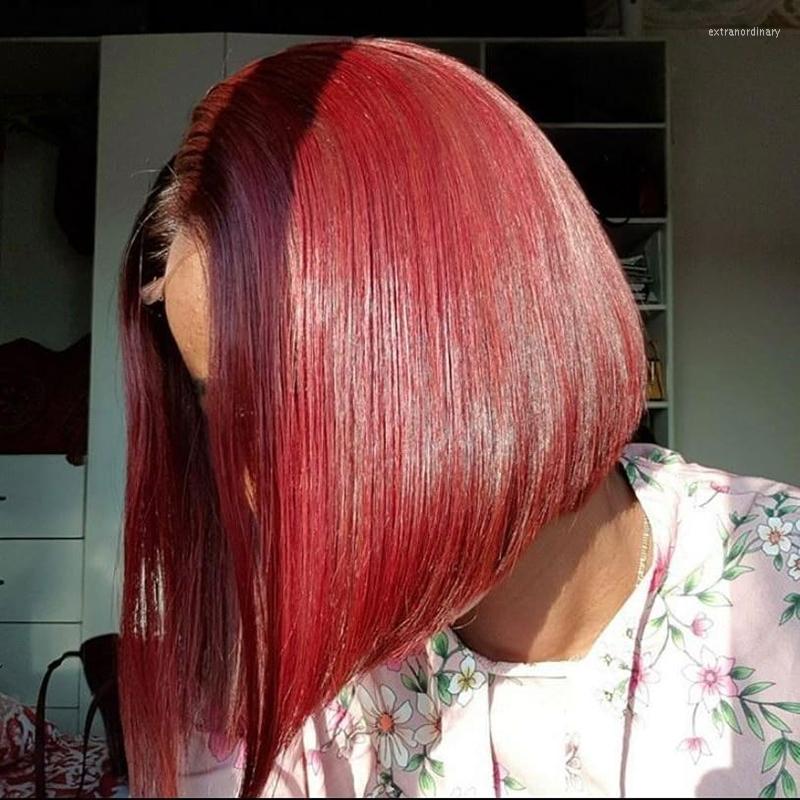 

Burgundy Bob Wig Short Colored Human Hair Wigs Straight Dark Red Lace Part Remy 180% Density, Picture shown