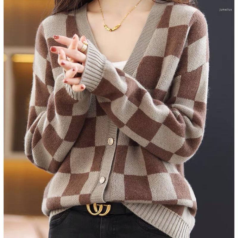 

Women' Knits Cotton Knitted Cardigans Women Loose Sweater Plaid V-neck Tops Vintage Long Sleeve Single Breasted Autumn Winter Outwear, Green