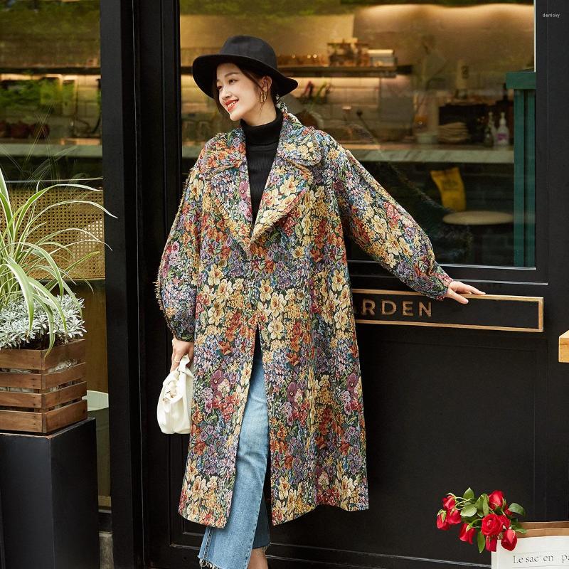 

Women' Trench Coats Fashion Women Jacquard Coat Winter Double Breasted Long Luxury Jacket Oversized Overcoat Turn-down Collar, Beige