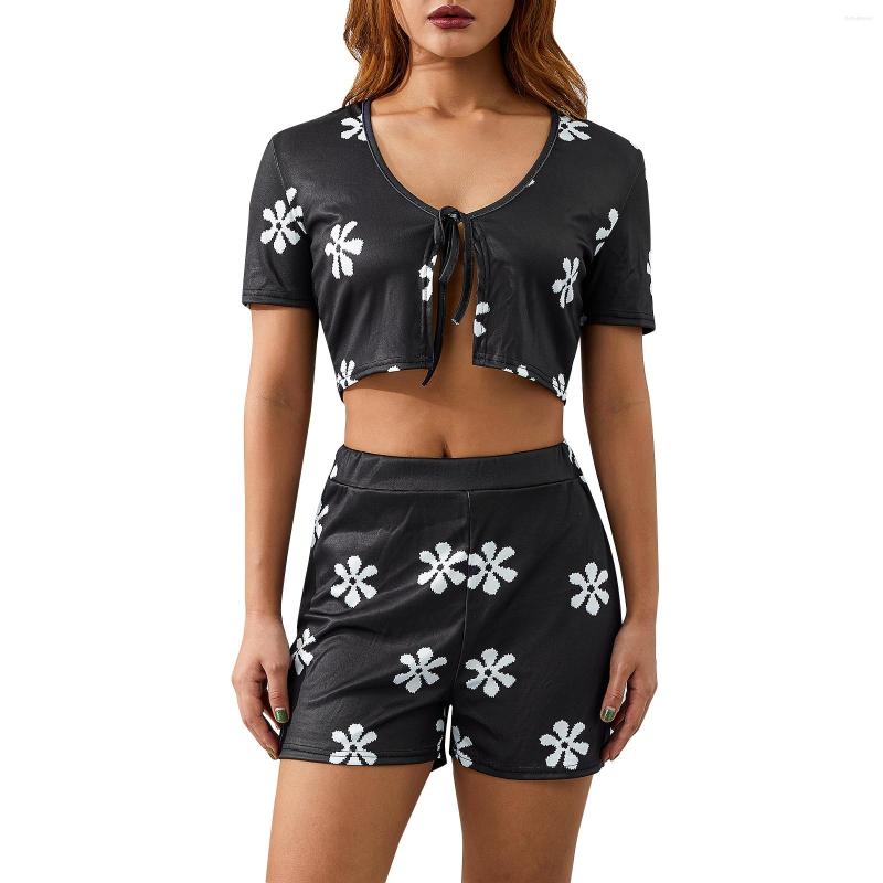 

Women' Tracksuits 2022 Fashion Women Summer Clothes 2Pcs Suit Floral Print Short Sleeve V-Neck Tie-Up Tops Elastic Waist Shorts, Black