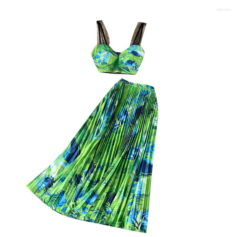 

Work Dresses Sexy Women Boho Two Piece Set Crop Top Long Skirt Floral Printed Bandeau Strapless Bandage Ruffles High Waist Skirts Holiday, Green