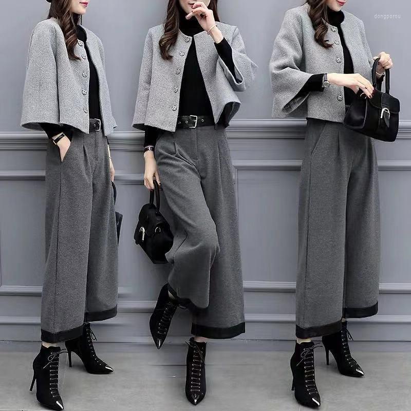 

Women's Trench Coats 2022 Autumn And Winter Large Women's Two Piece Tweed Short Coat Wide Leg Pants Casual Fashion Suit Clothing, Picture color