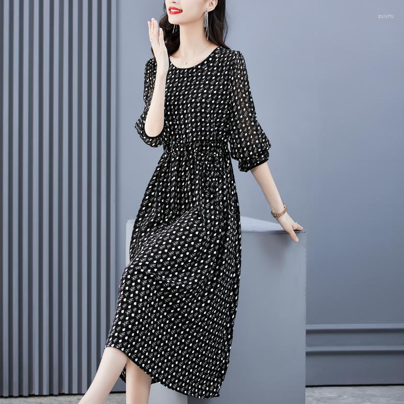 

Casual Dresses Summer Floral Natural Silk Butterfly Sleeve O-Neck Midi Dress Women Boho Elegant Bodycon Beach 2022 Korean, Black
