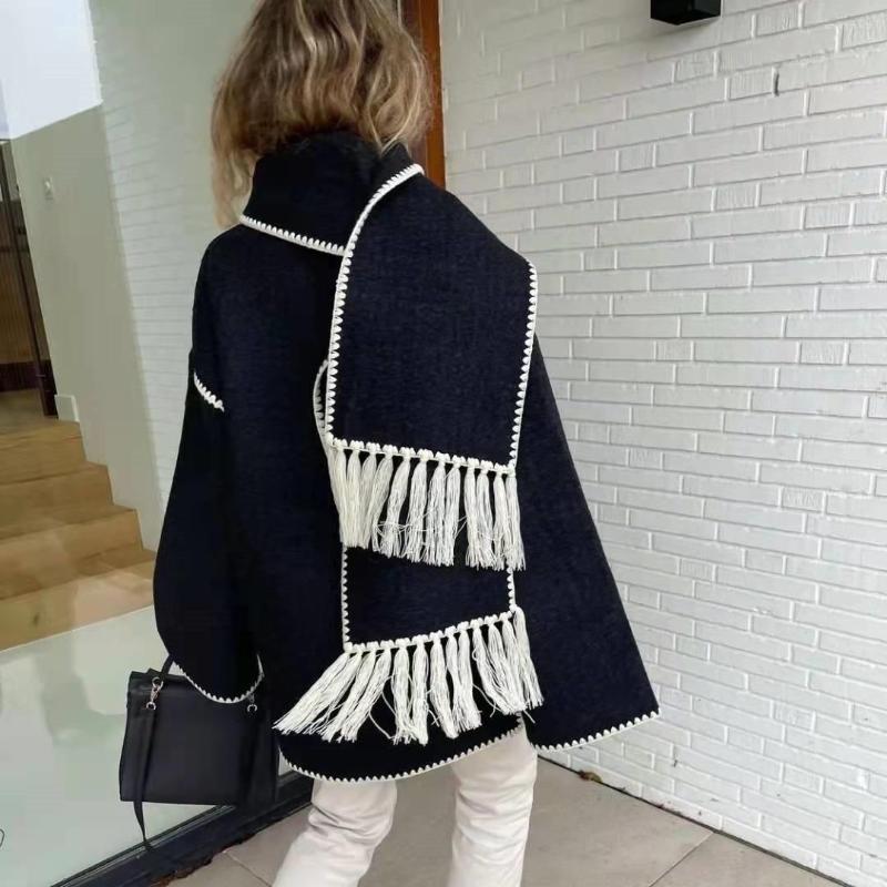 Women's Wool Women Embroidery Jacket Black Single-Breasted Scarf Collar White Fringed Autumn Winter Female Contrast Color Coat Cardigan