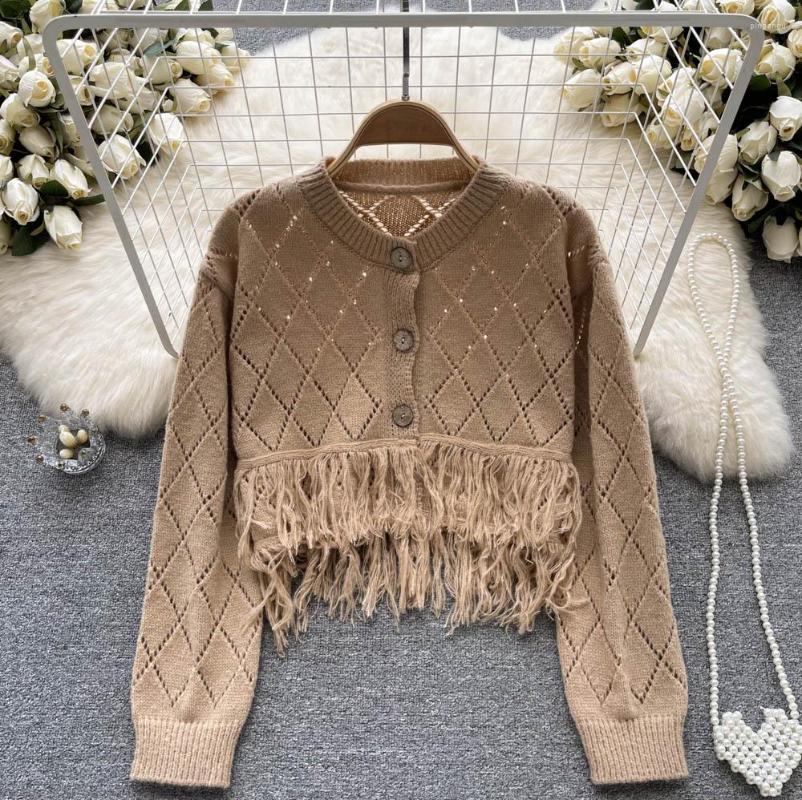 

Women's Knits RoseDiary Vintage Cardigan Women Long Sleeve Tassel Knitted Ladies Cardigans Sweater Turn-down Collar Korean, Beige