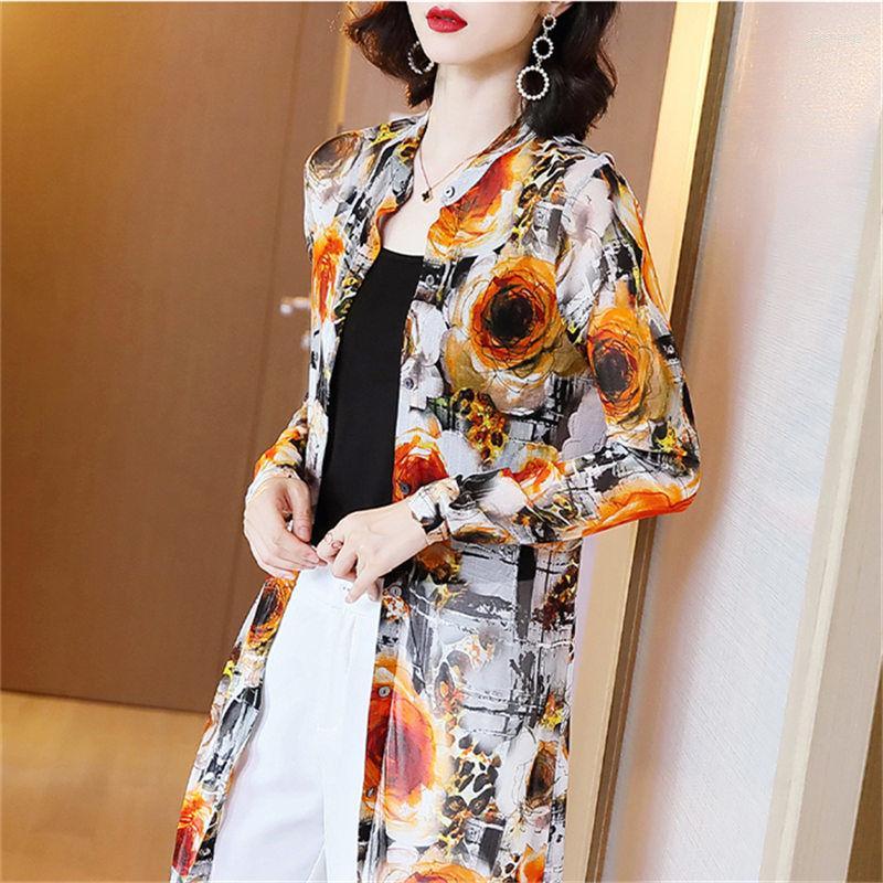 

Women's Trench Coats Women's Mid-length Lace Mesh Jacket 2022 Summer Loose Large Size Printed Cardigan Top, Yellow