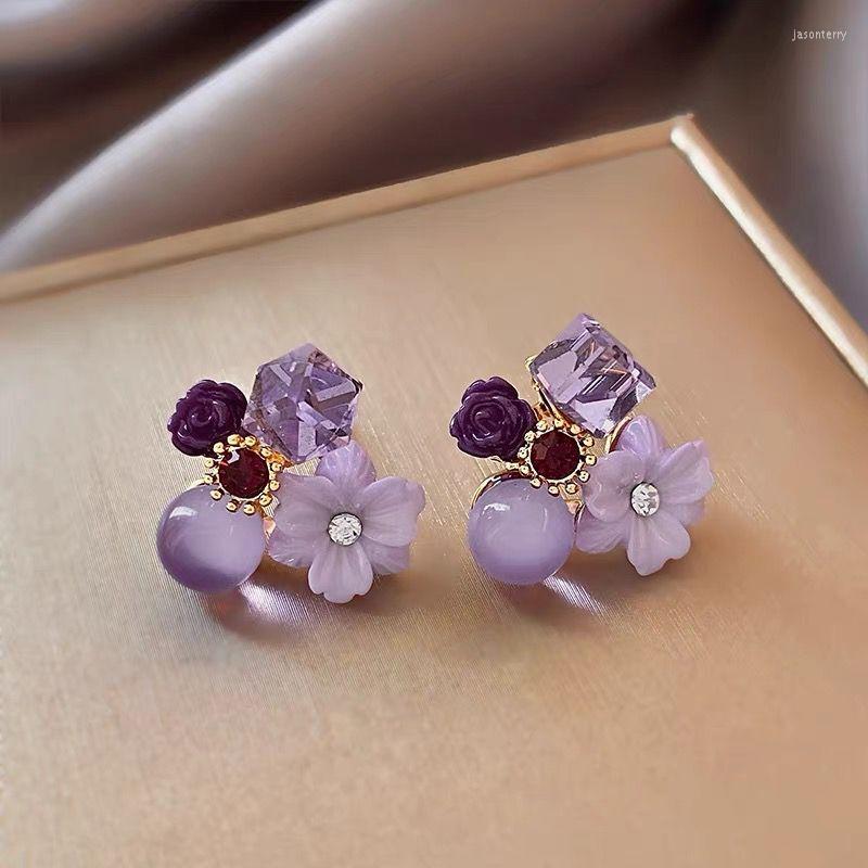 

Stud Earrings Court Style Retro Purple Crystal Ppal Flower For Woman Elegant And Sweet Accessories Korean Fashion Jewelry Girls