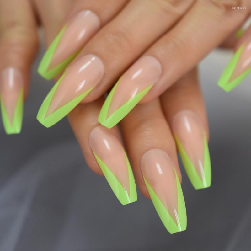 

False Nails Super Long Glossy Nude Pink Green French Smile Line Tips Shiny Ballerina Fake Art Coffin Salon, L5217