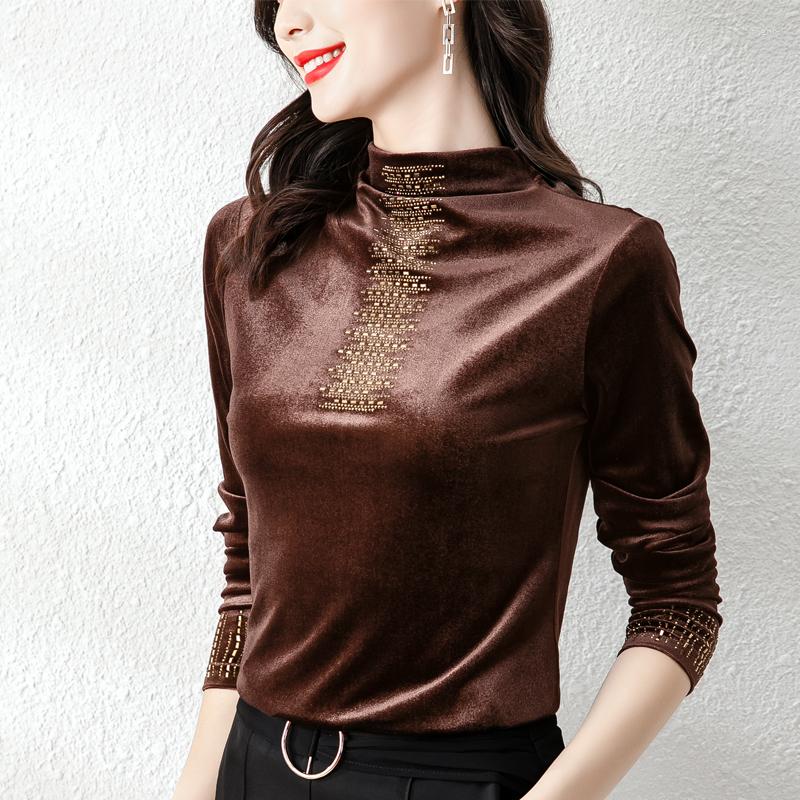 

Women's T Shirts 2022 Autumn Winter Women Tops Tees Office Lady Blusas Velvet Drill Turtleneck Long Sleeve Vintage Elegant Casual, Coffee
