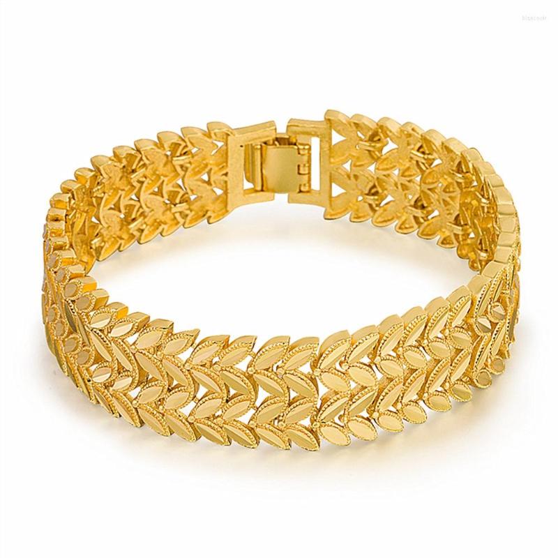 

Link Bracelets 2-Rows Leaf Chain Mens Bracelet 18k Yellow Gold Filled Solid 15mm Wide Men's Jewelry Hip Hop Wristband Gift