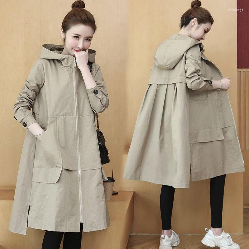 

Women's Trench Coats Spring Autumn Hooded Coat For Women 2022 Fashion Pocket Long Windbreaker Plus Size Casual Loose Outerwear Female, Khaki