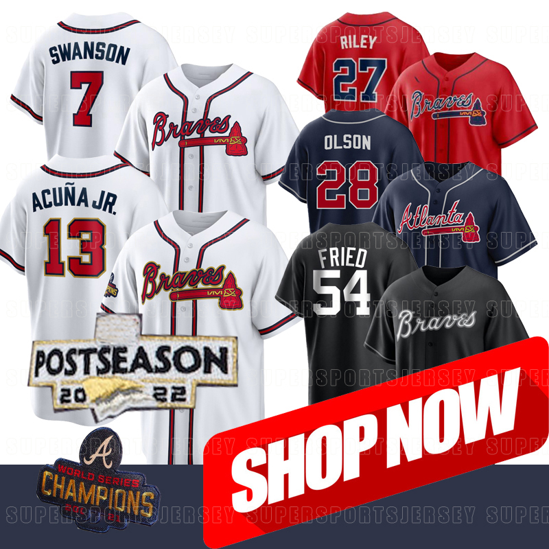 

Atlanta Postseaon 2022 Braves Jersey Men Women Youth Swanson Austin Riley Matt Olson Marcell Ozuna Ronald Acuna Jr. Duvall Travis d'Arnaud Ozzie Albies Contreras 3, Mens felx base