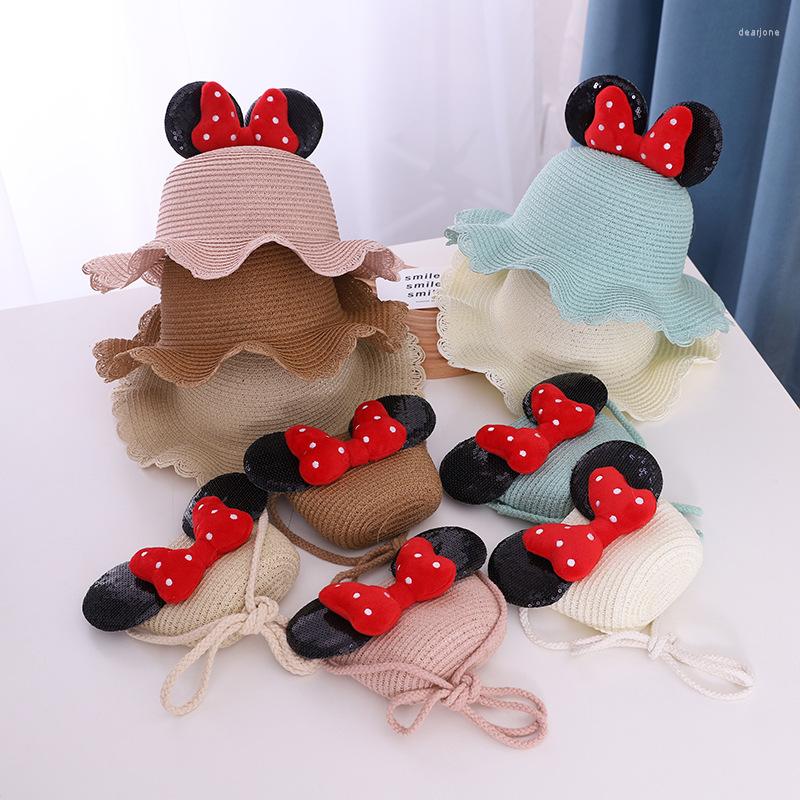 

Hats 3-6 Years Old 2PCS Straw Hat Bag Set Cartoon Ear Red Bow Summer Beach Waved, Khaki